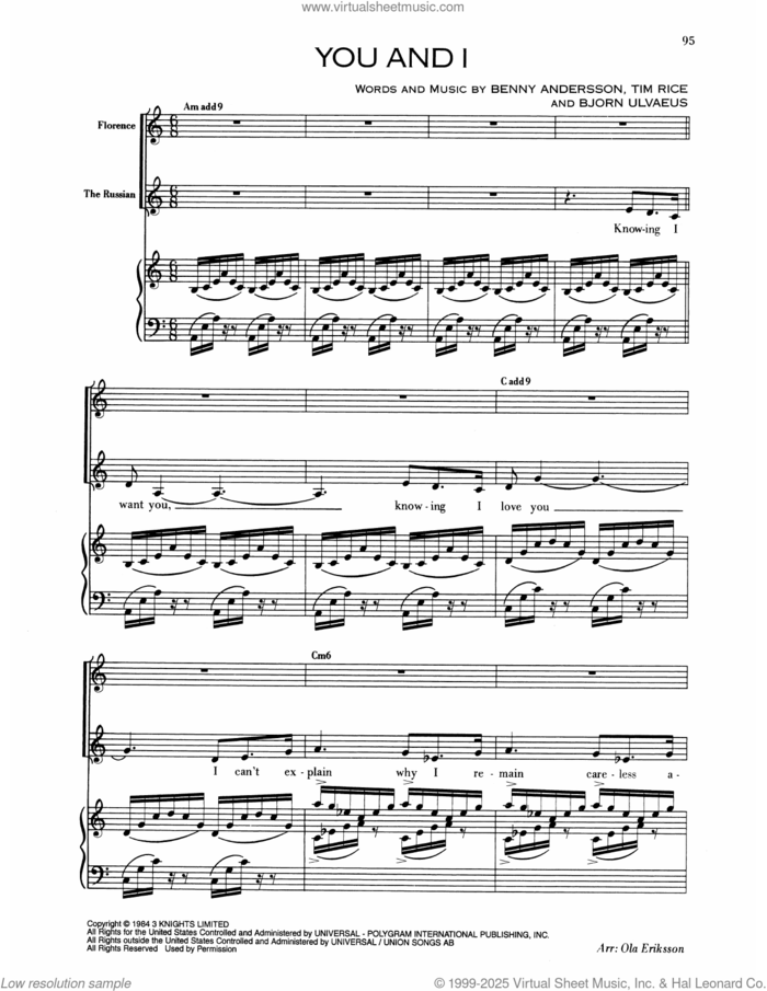 You And I (from Chess) sheet music for voice and piano by Benny Andersson, Bjorn Ulvaeus and Tim Rice, intermediate skill level