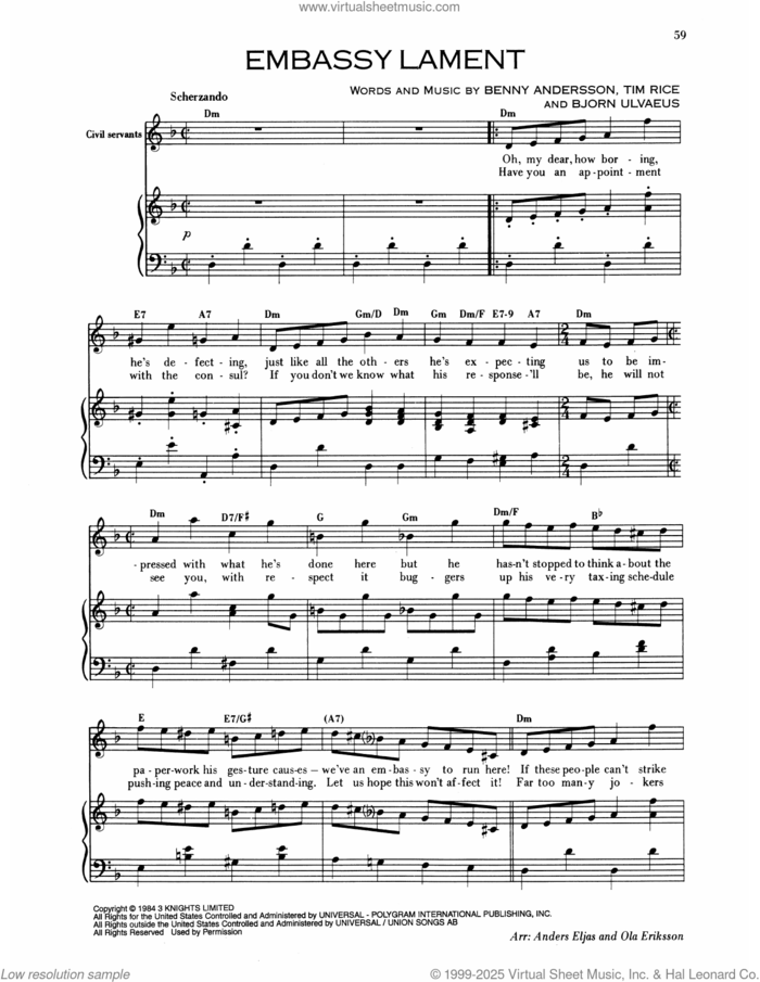 Embassy Lament (from Chess) sheet music for voice and piano by Benny Andersson, Bjorn Ulvaeus and Tim Rice, intermediate skill level