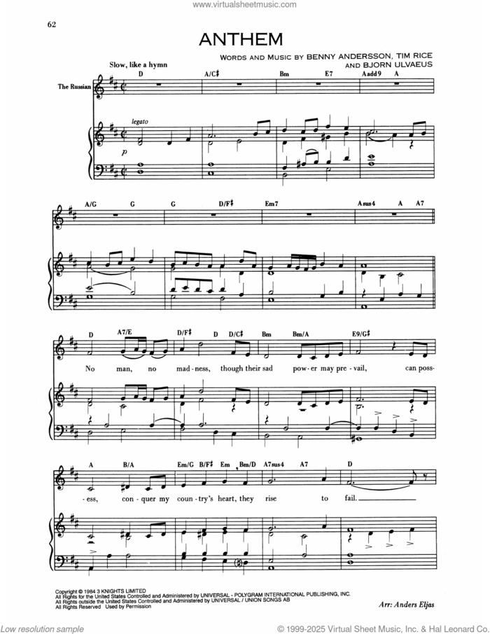 Anthem (from Chess) sheet music for voice and piano by Benny Andersson, Bjorn Ulvaeus and Tim Rice, intermediate skill level