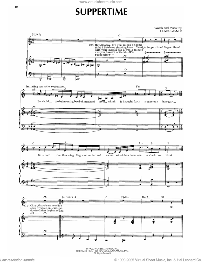 Suppertime (from You're A Good Man, Charlie Brown) sheet music for voice, piano or guitar by Clark Gesner, intermediate skill level