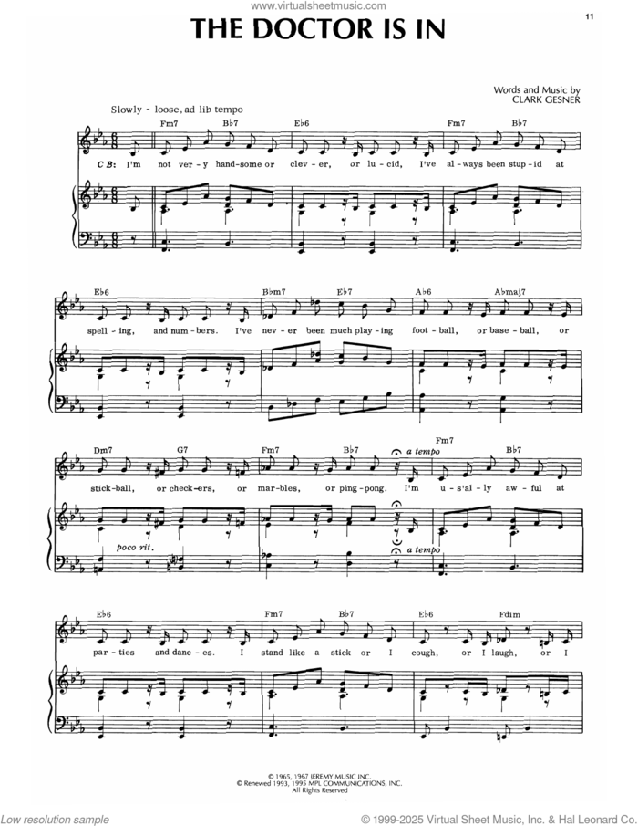 The Doctor Is In (from You're A Good Man, Charlie Brown) sheet music for voice and piano by Clark Gesner, intermediate skill level