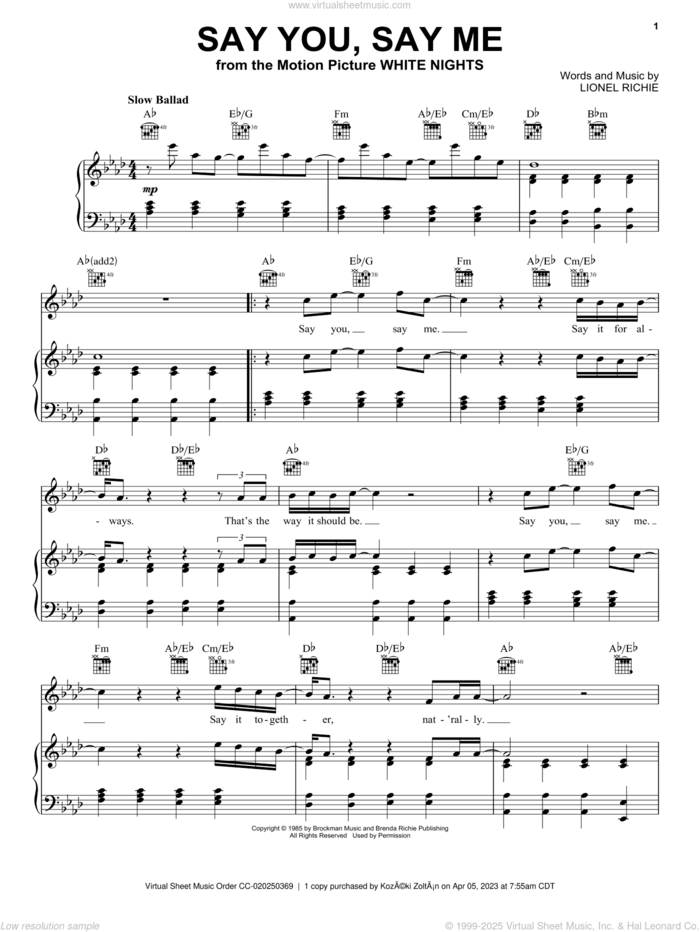 Say You, Say Me sheet music for voice, piano or guitar by Lionel Richie, intermediate skill level