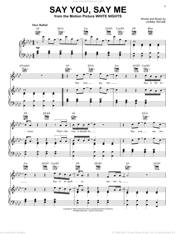 Say You, Say Me sheet music for voice, piano or guitar by Lionel Richie, intermediate skill level