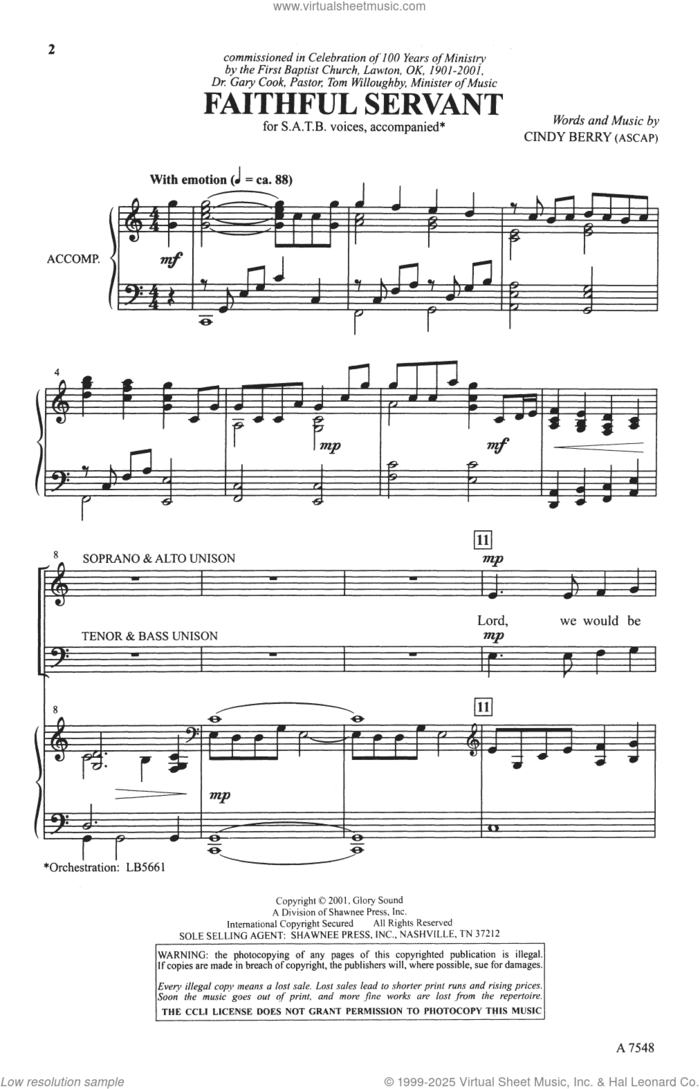 Faithful Servant (arr. David Winkler) sheet music for choir (SATB: soprano, alto, tenor, bass) by Cindy Berry and David Winkler, intermediate skill level