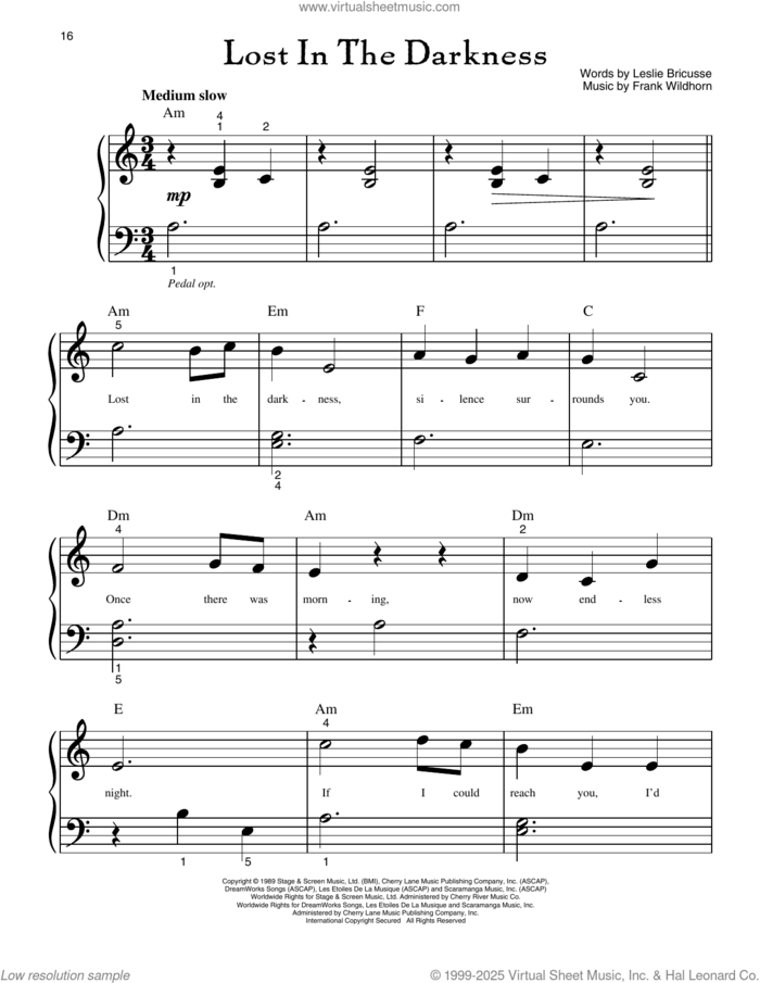 Lost In The Darkness (from Jekyll And Hyde) sheet music for piano solo (big note book) by Leslie Bricusse and Frank Wildhorn, easy piano (big note book)