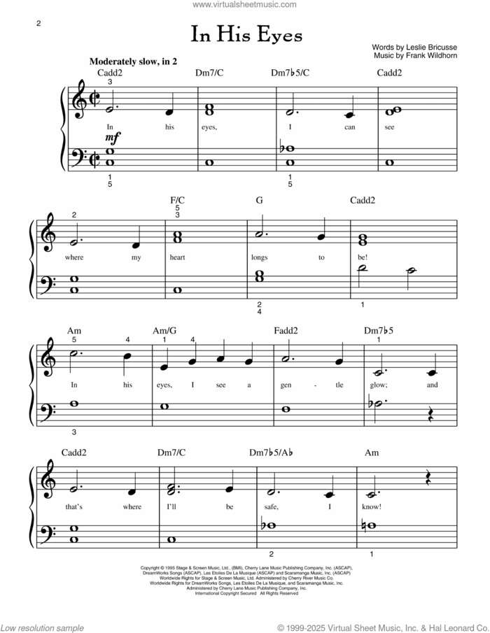 In His Eyes (from Jekyll And Hyde) sheet music for piano solo (big note book) by Leslie Bricusse and Frank Wildhorn, easy piano (big note book)