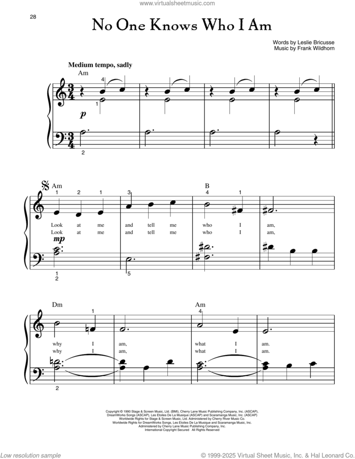 No One Knows Who I Am (from Jekyll And Hyde) sheet music for piano solo (big note book) by Leslie Bricusse and Frank Wildhorn, easy piano (big note book)