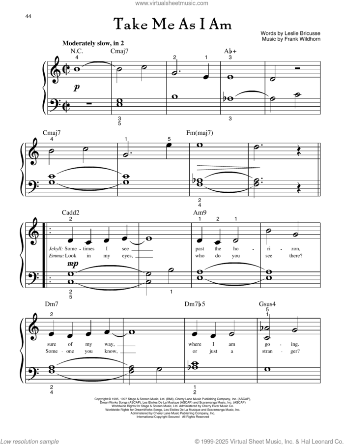 Take Me As I Am (from Jekyll And Hyde) sheet music for piano solo (big note book) by Leslie Bricusse and Frank Wildhorn, easy piano (big note book)