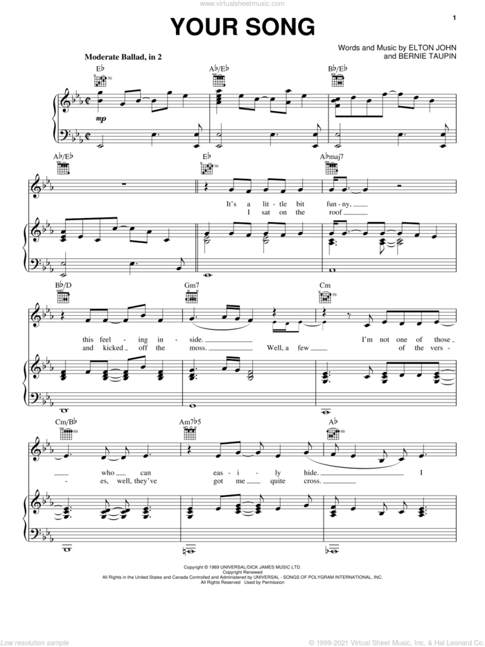 Your Song sheet music for voice, piano or guitar by Elton John and Bernie Taupin, wedding score, intermediate skill level