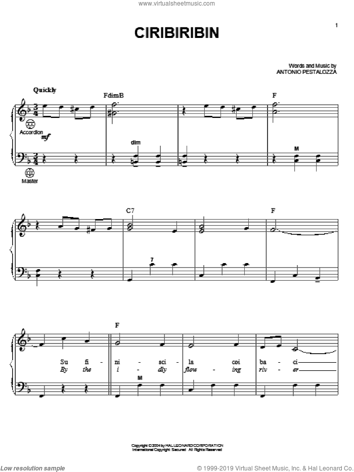 Ciribiribin sheet music for accordion by Antonio Pestalozza and Harry James, intermediate skill level