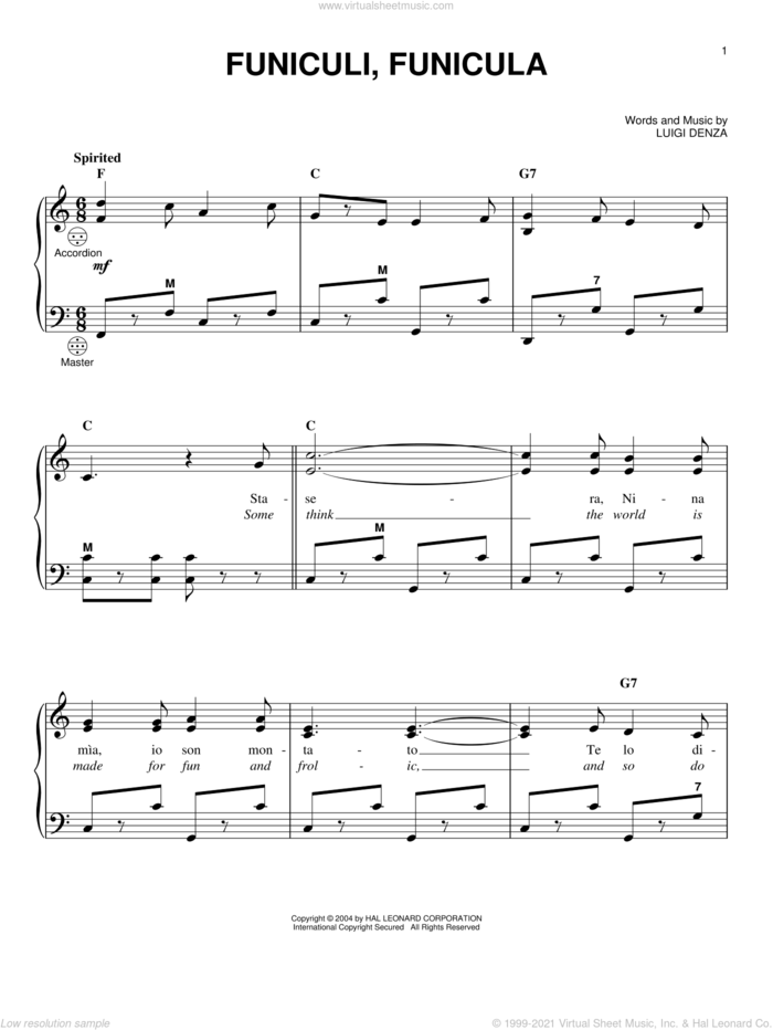 Funiculi, Funicula sheet music for accordion by Mario Lanza, Luciano Pavarotti and Luigi Denza, intermediate skill level