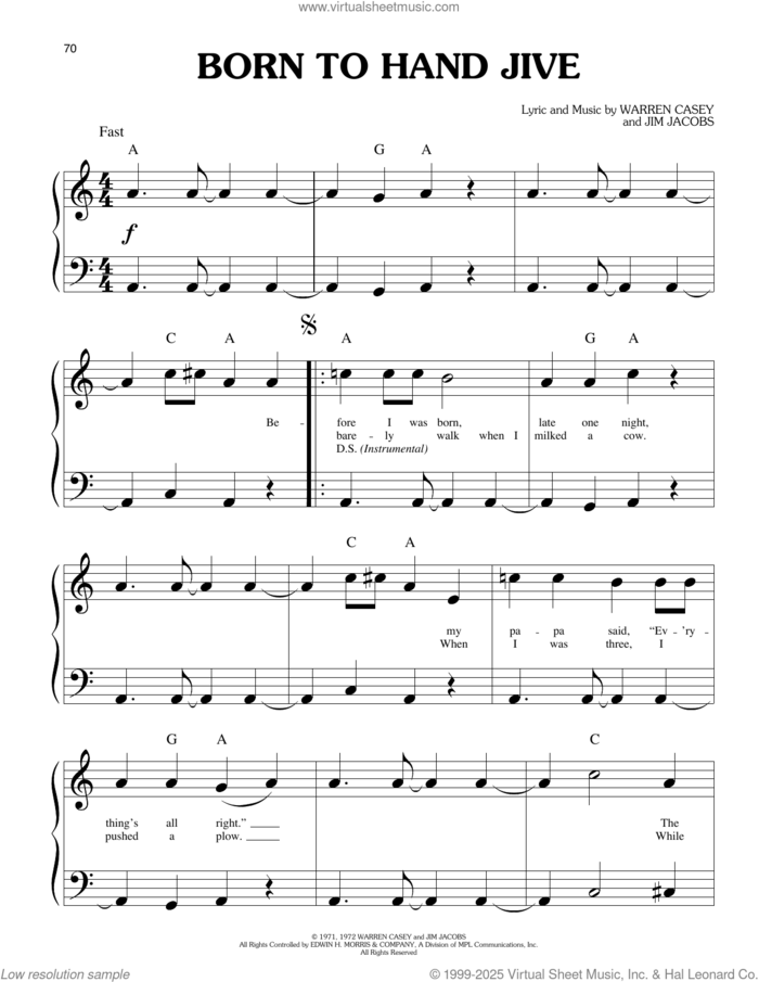 Born To Hand Jive (from Grease) sheet music for piano solo (big note book) by Jim Jacobs, Warren Casey and Warren Casey & Jim Jacobs, easy piano (big note book)