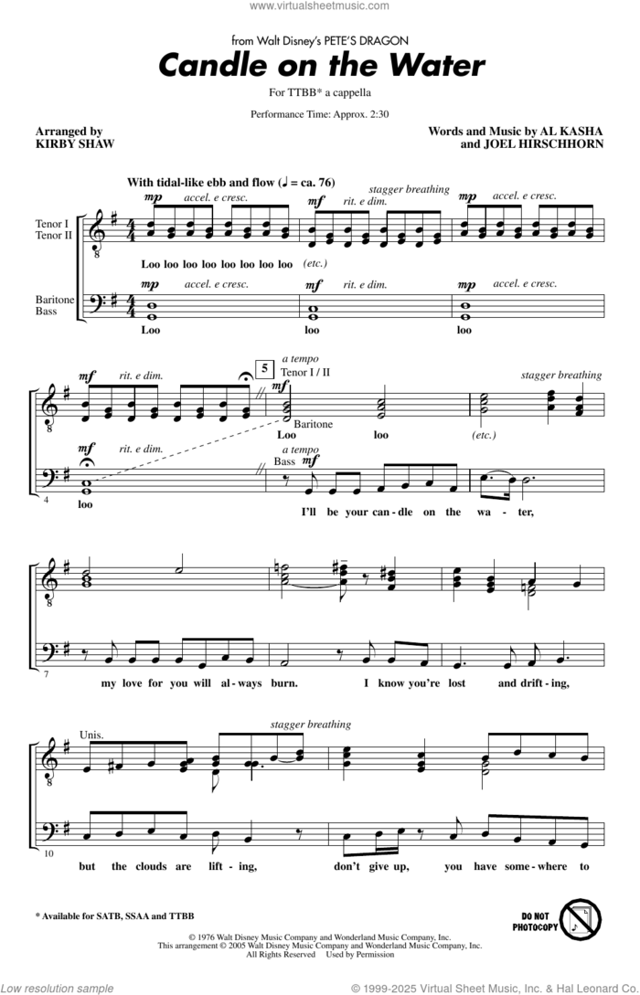 Candle On The Water (arr. Kirby Shaw) sheet music for choir (TTBB: tenor, bass) by Al Kasha, Kirby Shaw, Al Kasha & Joel Hirschhorn and Joel Hirschhorn, intermediate skill level