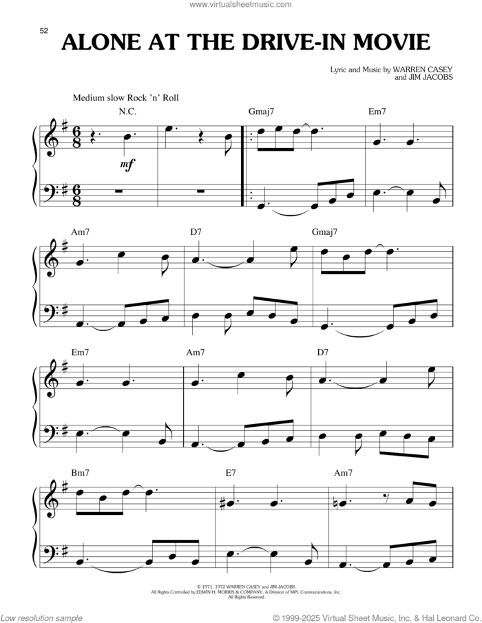 Alone At The Drive-In Movie (from Grease) sheet music for piano solo (big note book) by Jim Jacobs, Warren Casey and Warren Casey & Jim Jacobs, easy piano (big note book)
