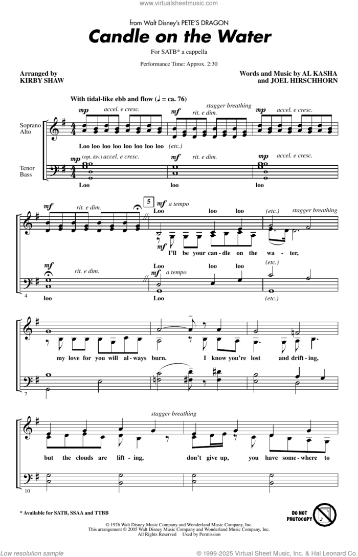 Candle On The Water (arr. Kirby Shaw) sheet music for choir (SATB: soprano, alto, tenor, bass) by Al Kasha, Kirby Shaw, Al Kasha & Joel Hirschhorn and Joel Hirschhorn, intermediate skill level