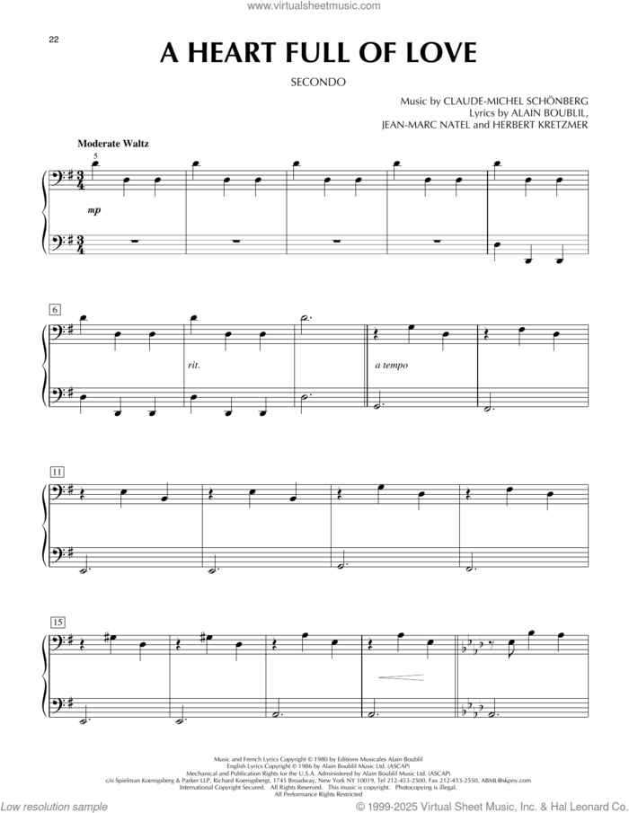 A Heart Full Of Love (from Les Miserables) sheet music for piano four hands by Alain Boublil, Boublil & Shonberg, Claude-Michel Schonberg, Herbert Kretzmer and Jean-Marc Natel, intermediate skill level