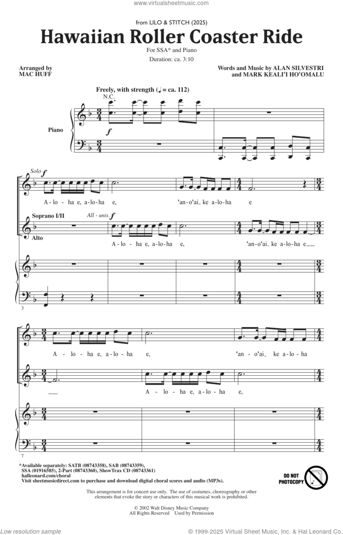 Hawaiian Roller Coaster Ride (from Lilo and Stitch) (arr. Mac Huff) sheet music for choir (SSA: soprano, alto) by Alan Silvestri and Mac Huff, intermediate skill level