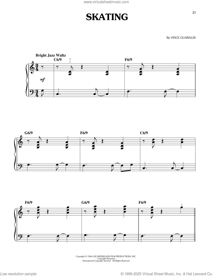 Skating (from A Charlie Brown Christmas) sheet music for piano solo by Vince Guaraldi, easy skill level
