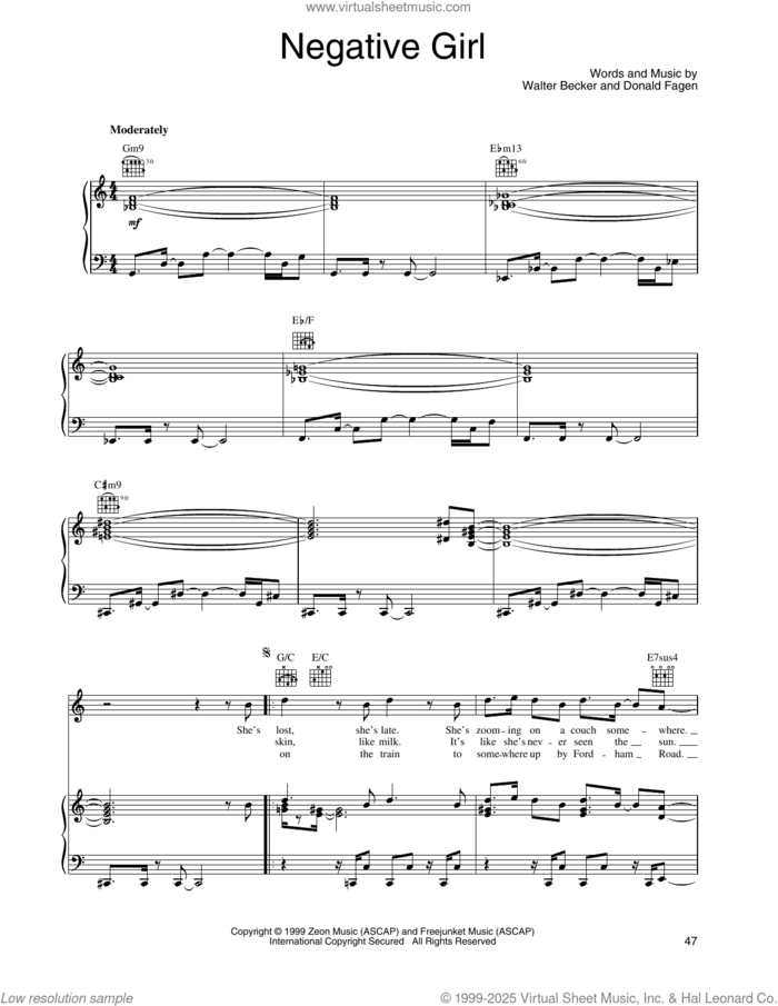 Negative Girl sheet music for voice, piano or guitar by Steely Dan, Donald Fagen and Walter Becker, intermediate skill level