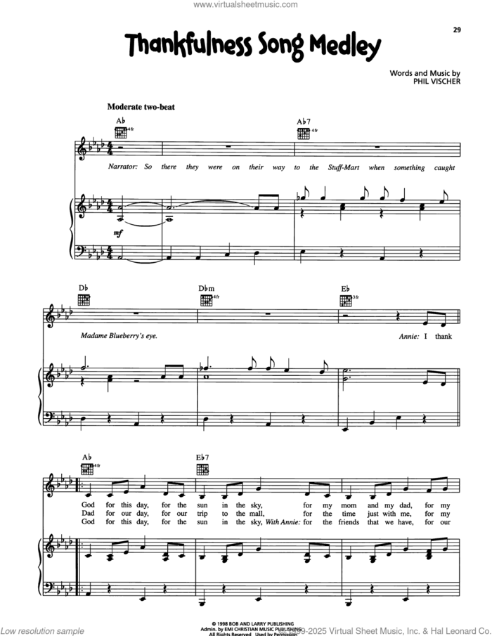 Thankfulness Song Medley sheet music for voice, piano or guitar by VeggieTales and Phil Vischer, intermediate skill level