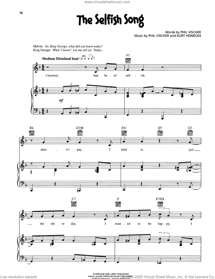 The Selfish Song sheet music for voice, piano or guitar by VeggieTales, Kurt Heinecke and Phil Vischer, intermediate skill level