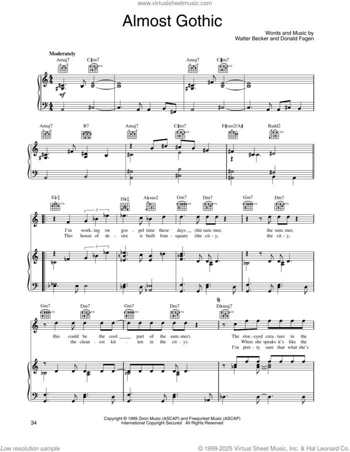 Almost Gothic sheet music for voice, piano or guitar by Steely Dan, Donald Fagen and Walter Becker, intermediate skill level