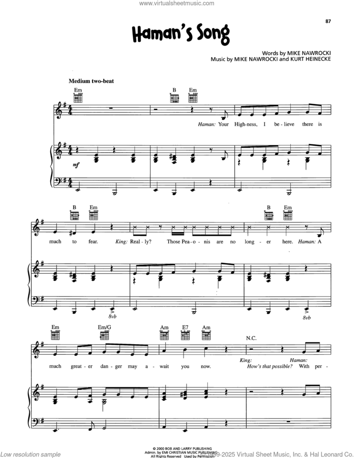 Haman's Song sheet music for voice, piano or guitar by VeggieTales, Kurt Heinecke and Mike Nawrocki, intermediate skill level
