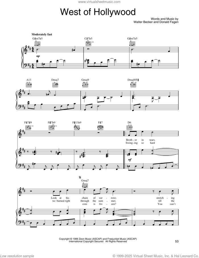 West Of Hollywood sheet music for voice, piano or guitar by Steely Dan, Donald Fagen and Walter Becker, intermediate skill level