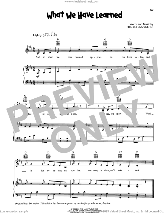 What We Have Learned sheet music for voice, piano or guitar by VeggieTales, Lisa Vischer and Phil Vischer, intermediate skill level