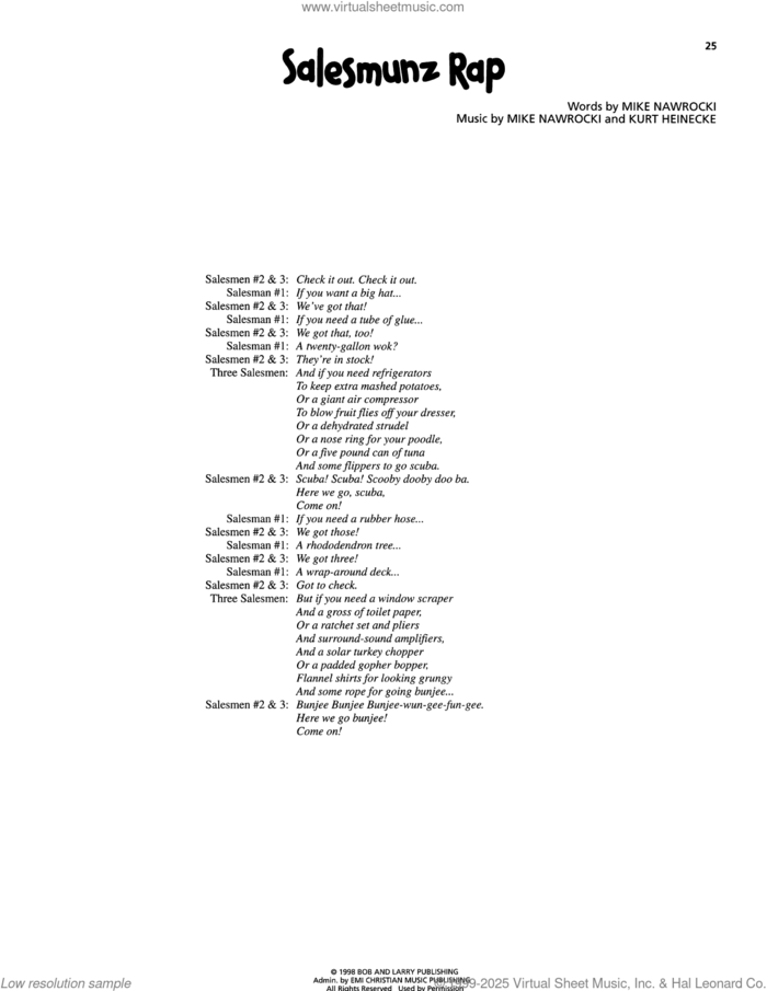 Salesmunz Rap sheet music for voice, piano or guitar by VeggieTales, Kurt Heinecke and Mike Nawrocki, intermediate skill level