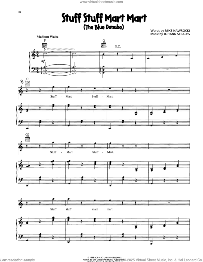 Stuff Stuff Mart Mart (The Blue Danube) sheet music for voice, piano or guitar by VeggieTales, Johann Strauss and Mike Nawrocki, intermediate skill level
