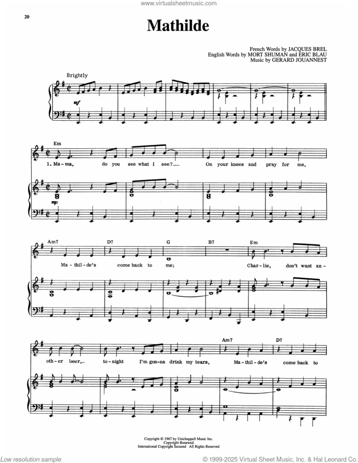 Mathilde (from Jacques Brel Is Alive And Well And Living In Paris) sheet music for voice and piano by Eric Blau, Jacques Brel, Gerard Jouannest and Mort Shuman, intermediate skill level