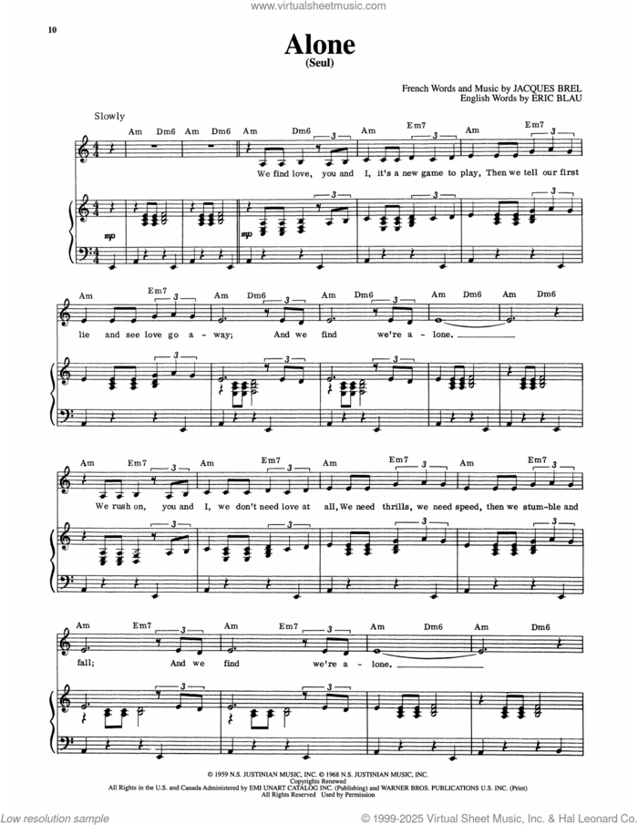 Alone (Seul) (from Jacques Brel Is Alive And Well And Living In Paris) sheet music for voice and piano by Eric Blau and Jacques Brel, intermediate skill level
