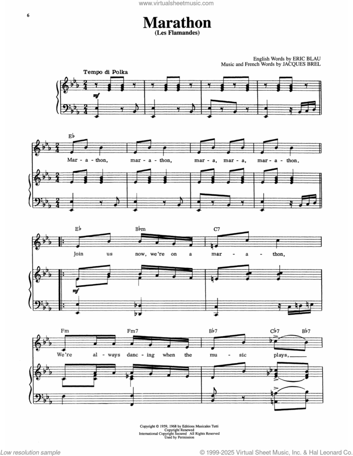 Marathon (Les Flamandes) (from Jacques Brel Is Alive And Well And Living In Paris) sheet music for voice and piano by Eric Blau and Jacques Brel, intermediate skill level
