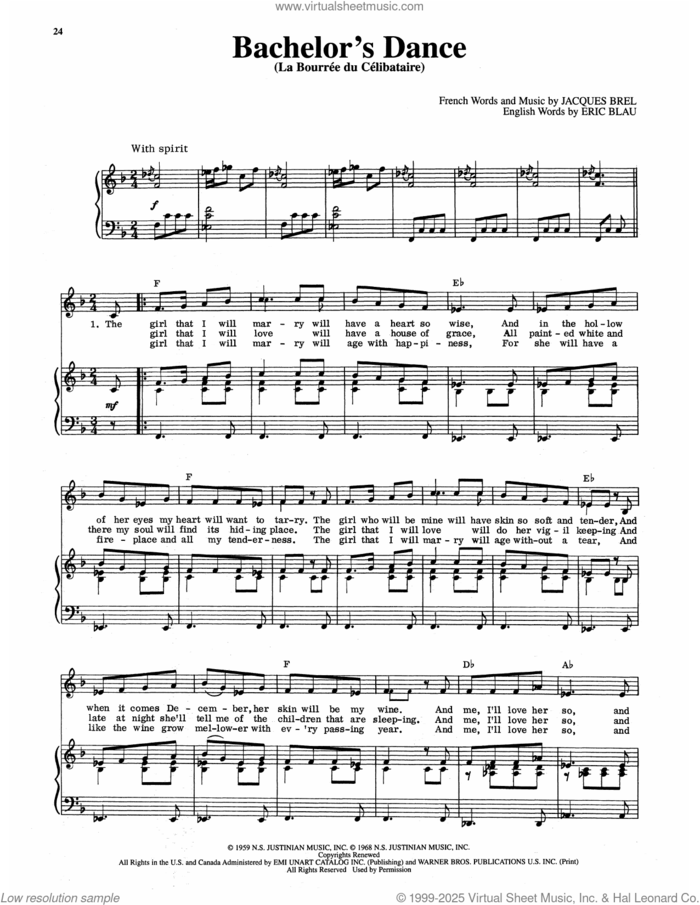 Bachelor's Dance (La Bourree Du Celibataire) sheet music for voice and piano by Eric Blau and Jacques Brel, intermediate skill level