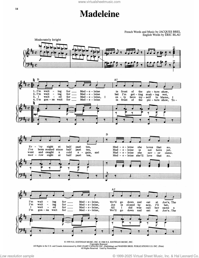 Madeleine (from Jacques Brel Is Alive And Well And Living In Paris) sheet music for voice and piano by Eric Blau and Jacques Brel, intermediate skill level