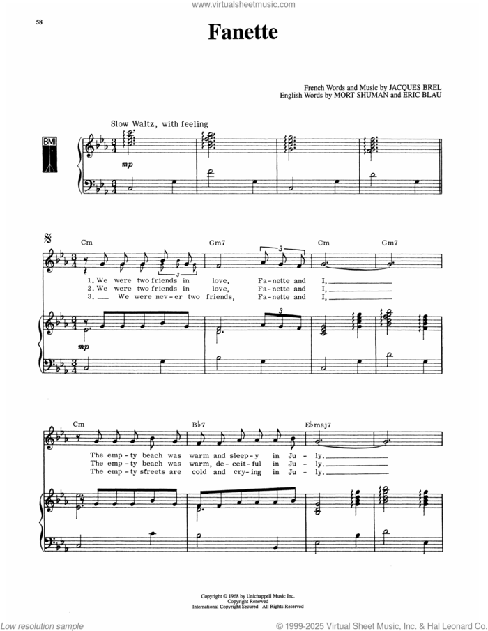 Fanette (from Jacques Brel Is Alive And Well And Living In Paris) sheet music for voice and piano by Eric Blau, Jacques Brel and Mort Shuman, intermediate skill level
