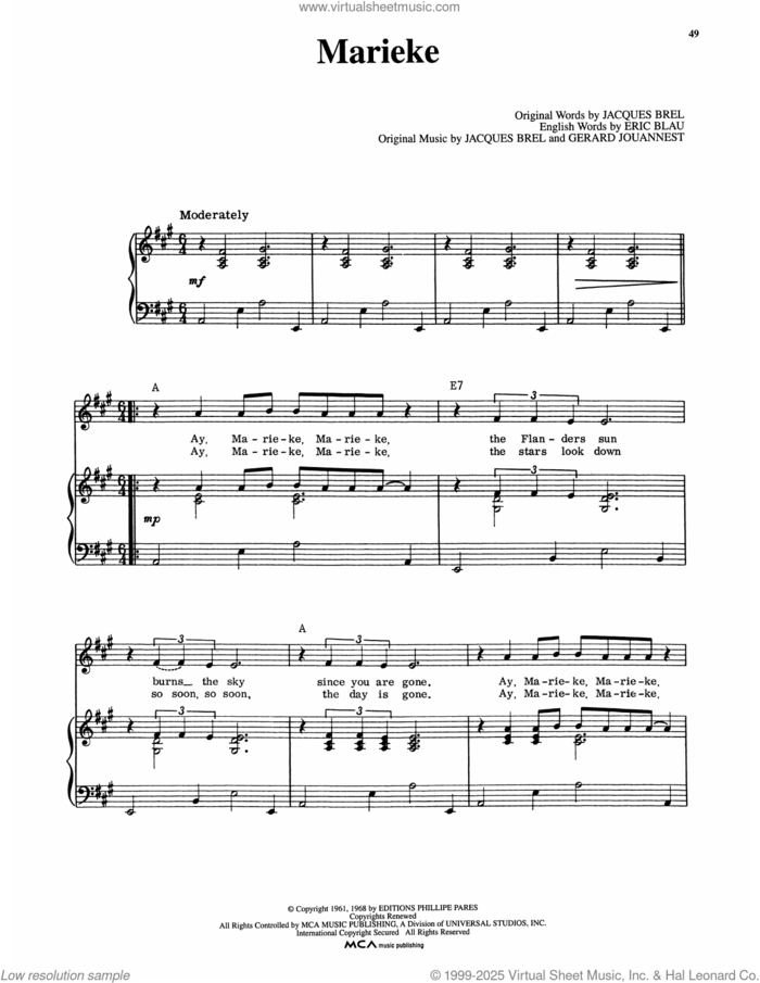 Marieke (from Jacques Brel Is Alive And Well And Living In Paris) sheet music for voice and piano by Eric Blau, Jacques Brel and Gerard Jouannest, intermediate skill level