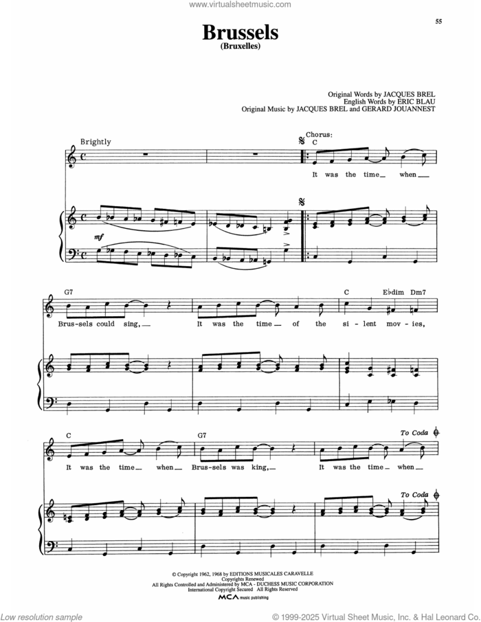 Brussels (Bruxelles) (from Jacques Brel Is Alive And Well And Living In Paris) sheet music for voice and piano by Eric Blau, Jacques Brel and Gerard Jouannest, intermediate skill level