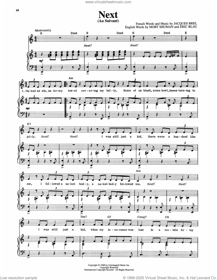 Next (Au Suivant) (from Jacques Brel Is Alive And Well And Living In Paris) sheet music for voice and piano by Eric Blau, Jacques Brel and Mort Shuman, intermediate skill level