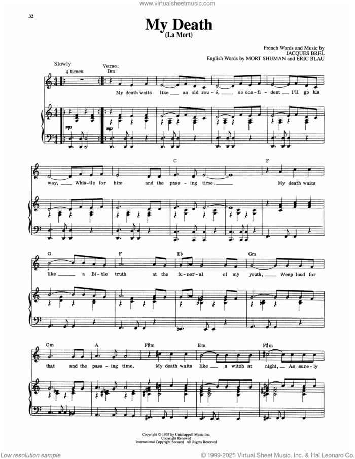 My Death (La Mort) (from Jacques Brel Is Alive And Well And Living In Paris) sheet music for voice and piano by Eric Blau, Jacques Brel and Mort Shuman, intermediate skill level