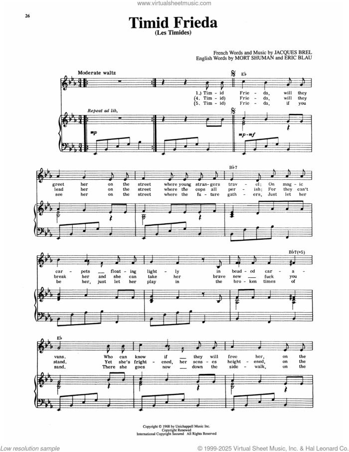 Timid Frieda (Les Timides) (from Jacques Brel Is Alive And Well And Living In Paris) sheet music for voice and piano by Eric Blau, Jacques Brel and Mort Shuman, intermediate skill level
