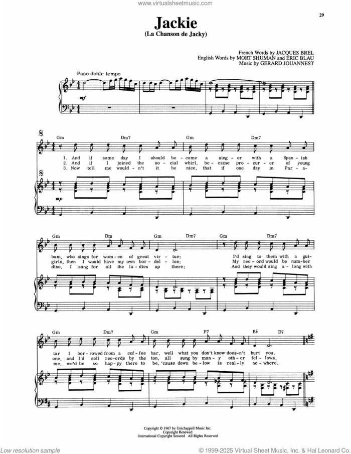 Jackie (La Chanson De Jacky) (from Jacques Brel Is Alive And Well And Living In Paris) sheet music for voice and piano by Eric Blau, Jacques Brel, Gerard Jouannest and Mort Shuman, intermediate skill level