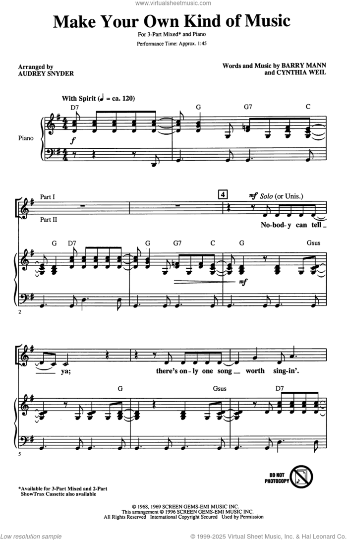 Make Your Own Kind Of Music (arr. Audrey Snyder) sheet music for choir (3-Part Mixed) by Mama Cass Elliot, Audrey Snyder, Barry Mann and Cynthia Weil, intermediate skill level
