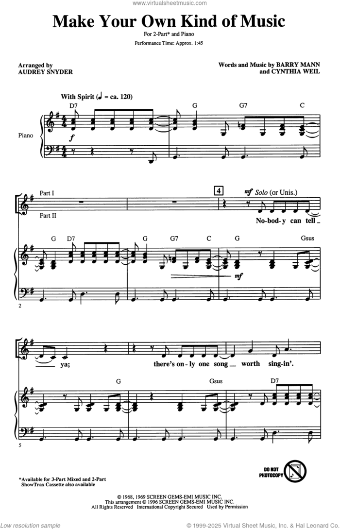 Make Your Own Kind Of Music (arr. Audrey Snyder) sheet music for choir (2-Part) by Mama Cass Elliot, Audrey Snyder, Barry Mann and Cynthia Weil, intermediate duet