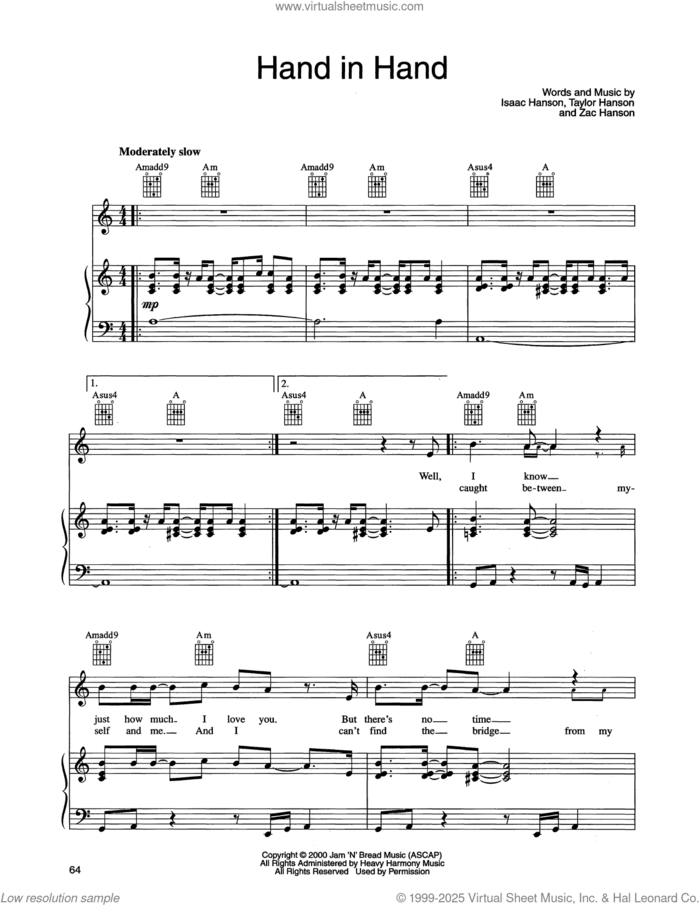Hand In Hand sheet music for voice, piano or guitar by Isaac Hanson, Taylor Hanson and Zachary Hanson, intermediate skill level