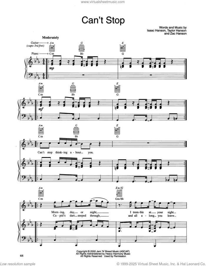 Can't Stop sheet music for voice, piano or guitar by isaac Hanson, Taylor Hanson and Zachary Hanson, intermediate skill level