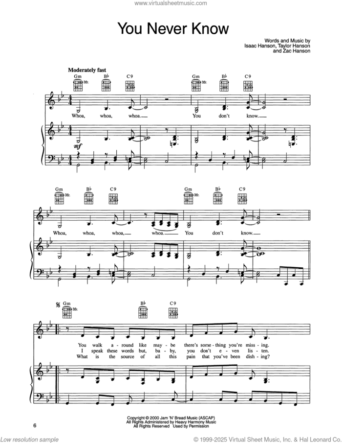 You Never Know sheet music for voice, piano or guitar by isaac Hanson, Taylor Hanson and Zachary Hanson, intermediate skill level