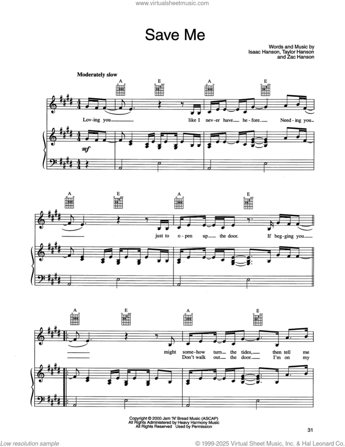 Save Me sheet music for voice, piano or guitar by isaac Hanson, Taylor Hanson and Zachary Hanson, intermediate skill level