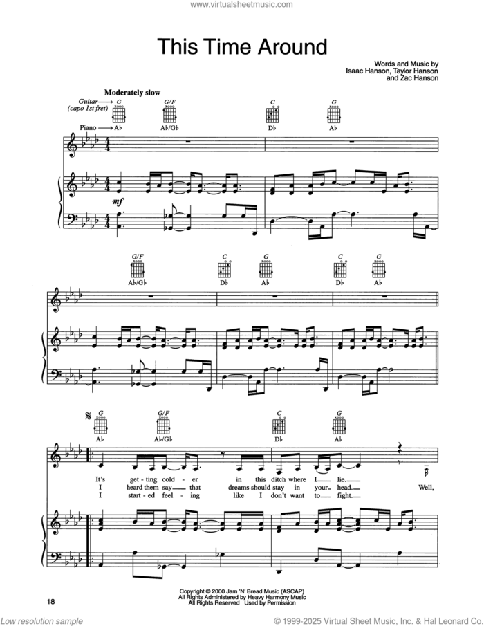 This Time Around sheet music for voice, piano or guitar by Isaac Hanson, Taylor Hanson and Zachary Hanson, intermediate skill level
